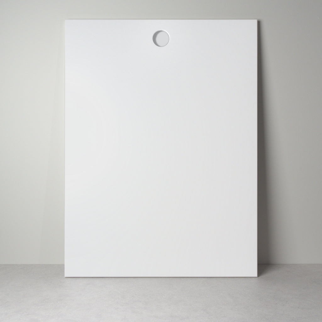 Round front for IKEA furniture, white lacquer with a round recessed handle, front view