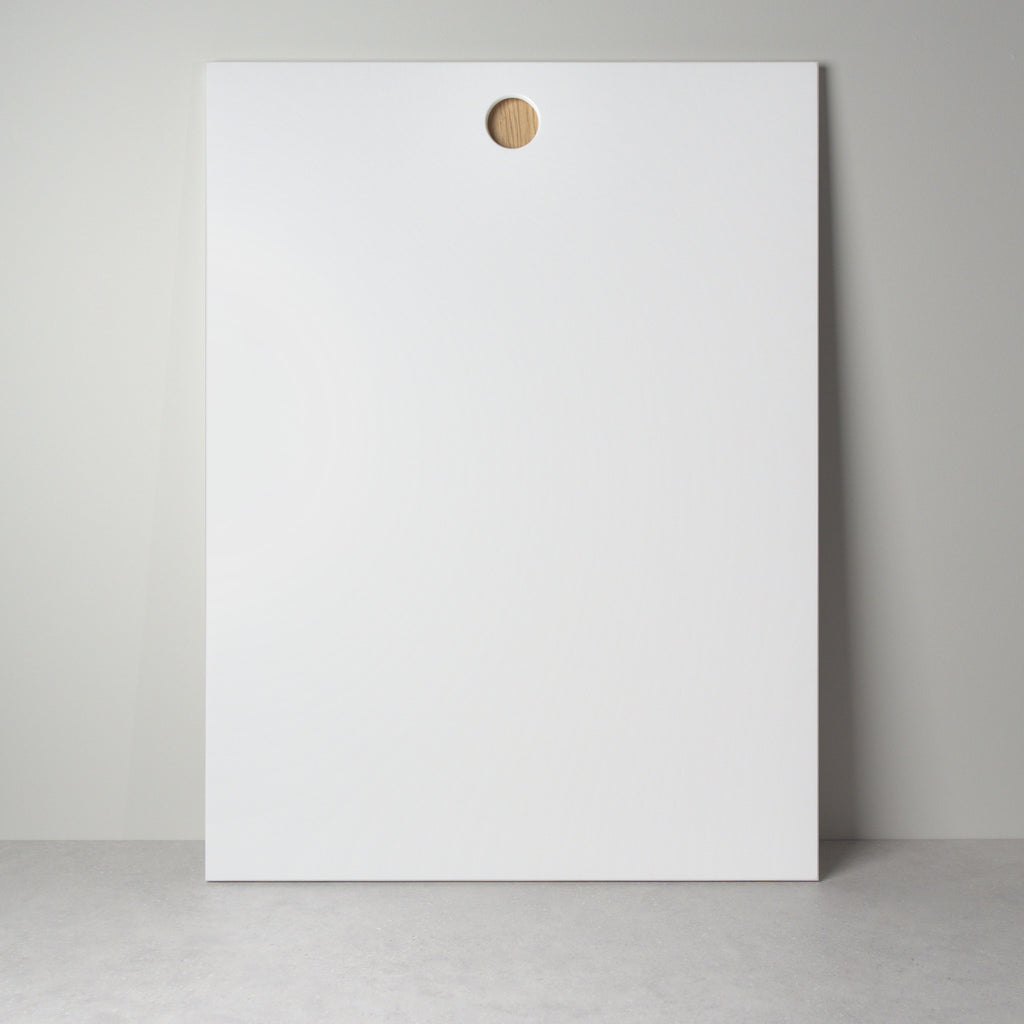 Round Oak front for IKEA furniture, white lacquer with a round oak-lined handle hole, front view