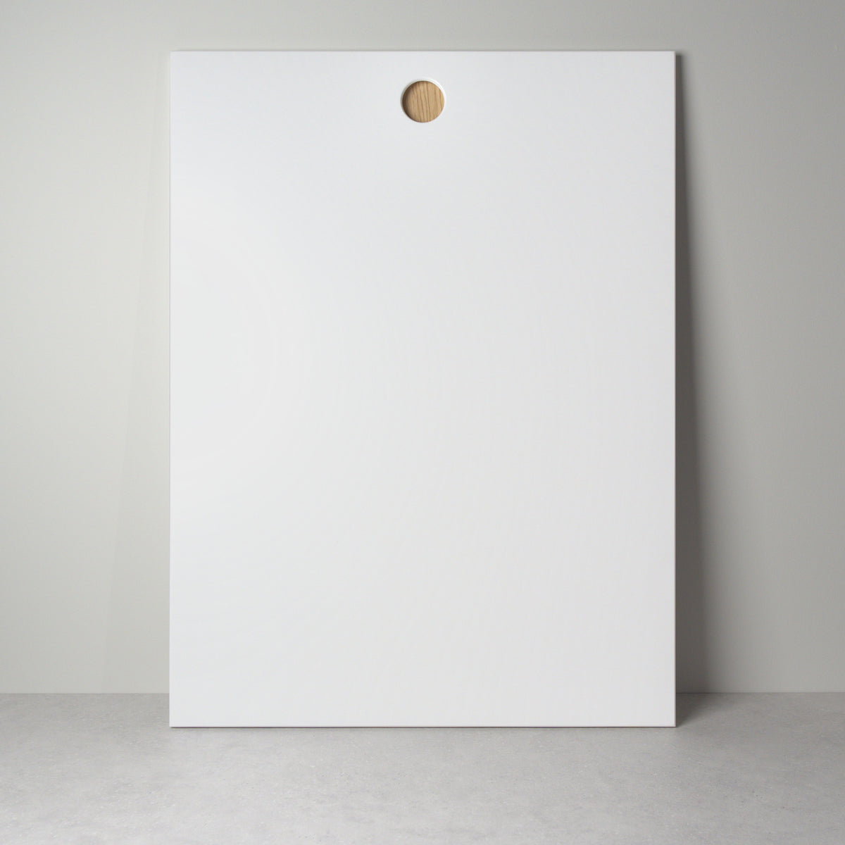 Round Oak front for IKEA furniture, white lacquer with a round oak-lined handle hole, front view