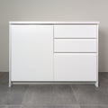 Kitchen cabinet with Milled Handle fronts in white lacquer, a door and three drawers, front view