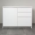 Kitchen cabinet with Smooth fronts in white lacquer, a door and three drawers, front view