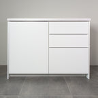 Kitchen cabinet with Smooth fronts in white lacquer, a door and three drawers, front view