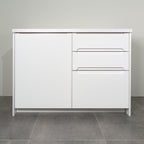 Kitchen cabinet with Grip fronts in white lacquer, a door and three drawers with handle pockets, front view