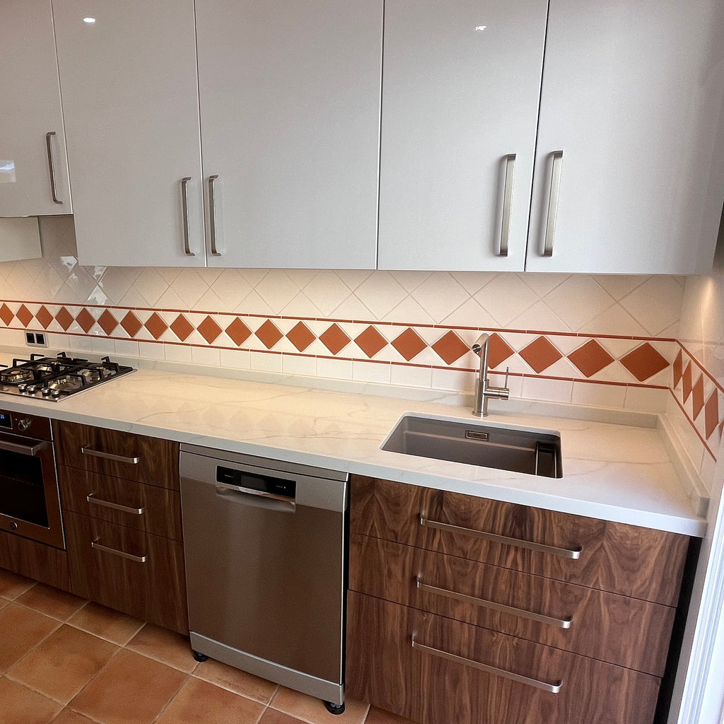 IKEA METOD kitchen with American walnut veneer fronts on the base drawers, customer project