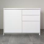 Kitchen cabinet with Linea fronts in white lacquer, a door and three drawers, front view