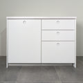 Kitchen cabinet with Round fronts in white lacquer, a door and three drawers with round handles, front view