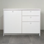 Kitchen cabinet with Round fronts in white lacquer, a door and three drawers with round handles, front view