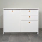 Kitchen cabinet with Round Oak fronts, white lacquer and round oak-lined handles, front view