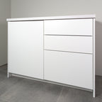 Kitchen cabinet with Smooth fronts in white lacquer, the whole cabinet with worktop, slightly angled view
