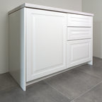 Vienna fronts in white lacquer on a kitchen cabinet, angled view from the left