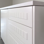Drawers with Hampton fronts in white lacquer, angled view from the right