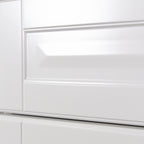 Bevelled raised panel of the Vienna front in side light, white lacquer, close-up