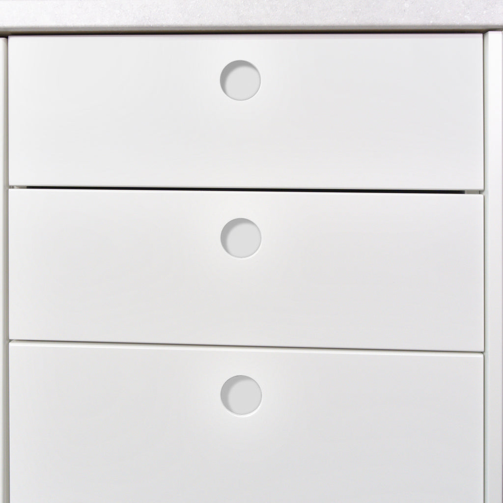 Drawers with white Round fronts and lacquered round handles, detail