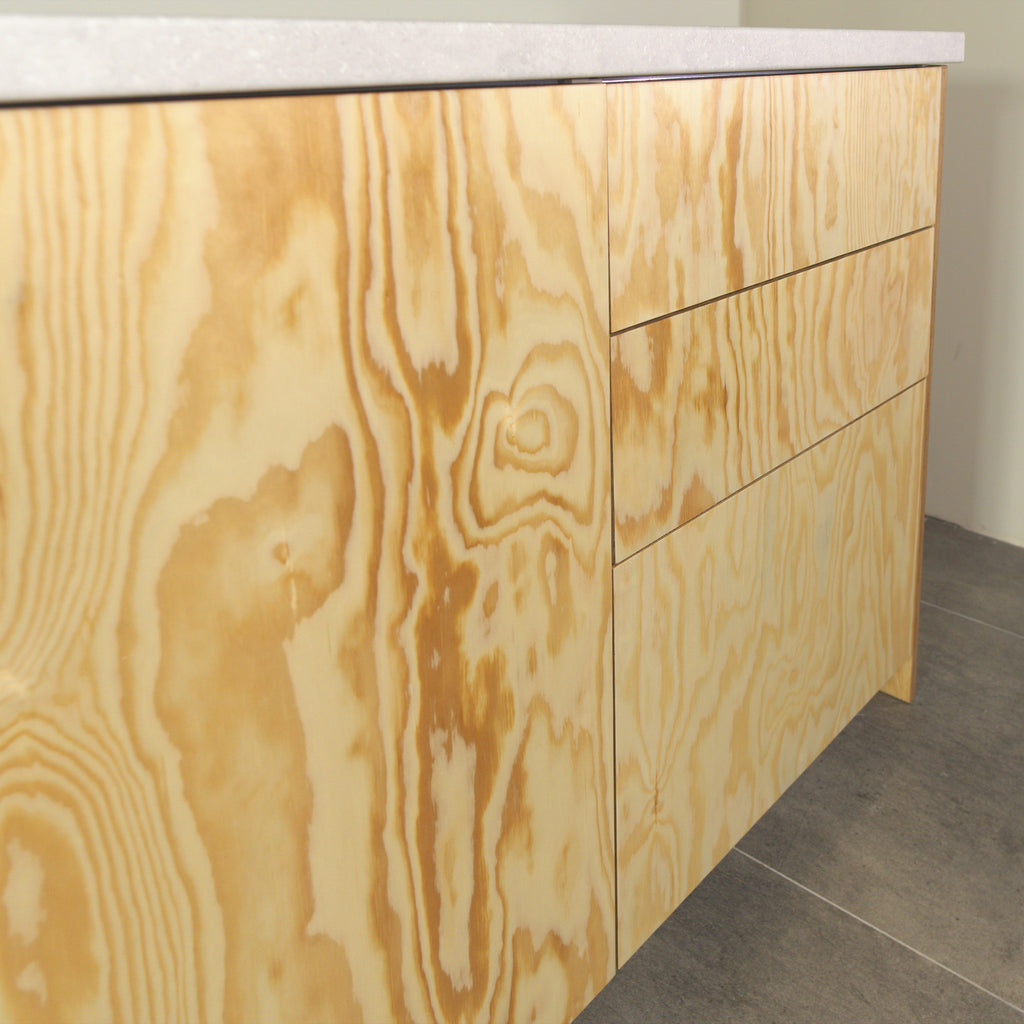 Grain of pine plywood cabinet fronts, close-up