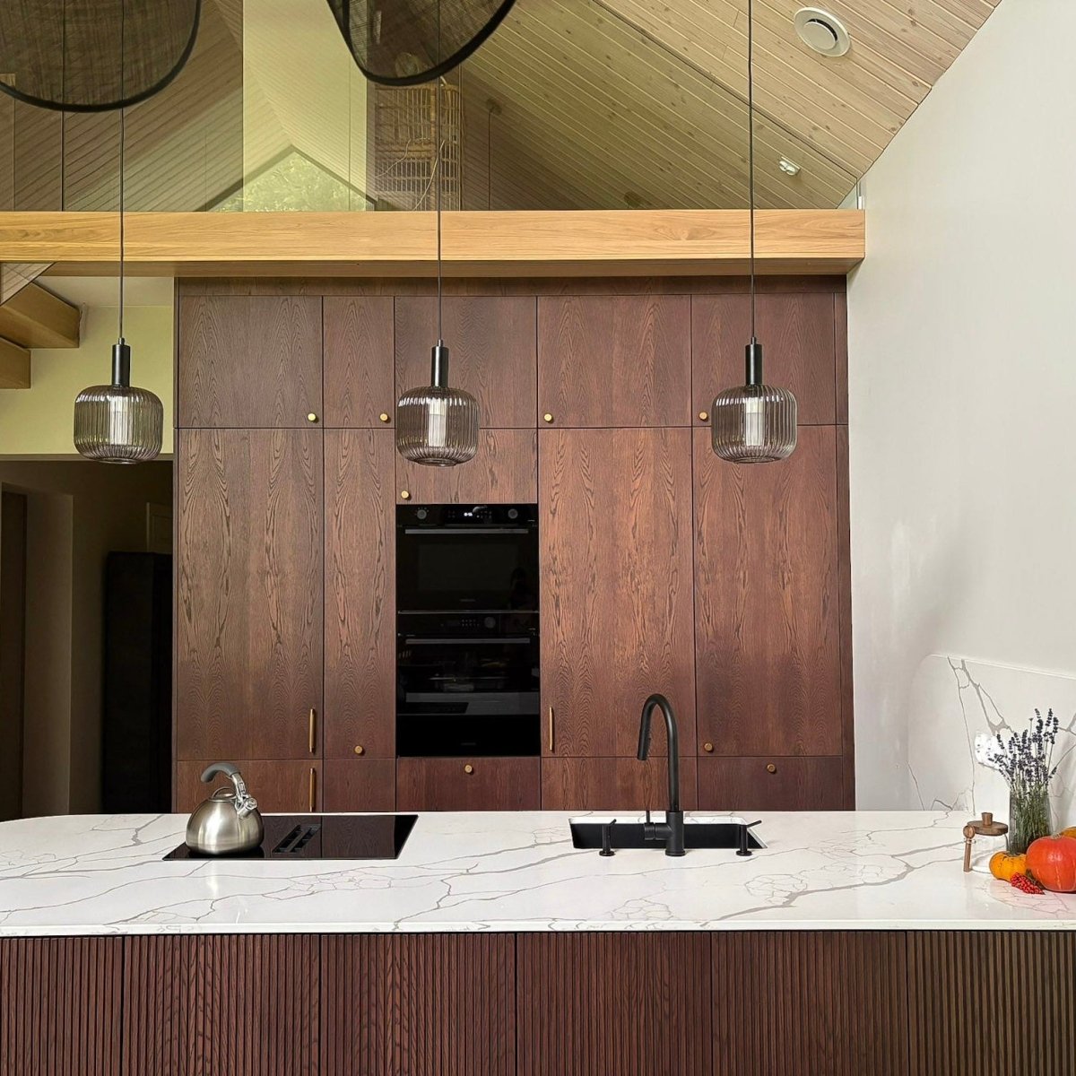 Close-up of smoked oak veneer texture, dark shade