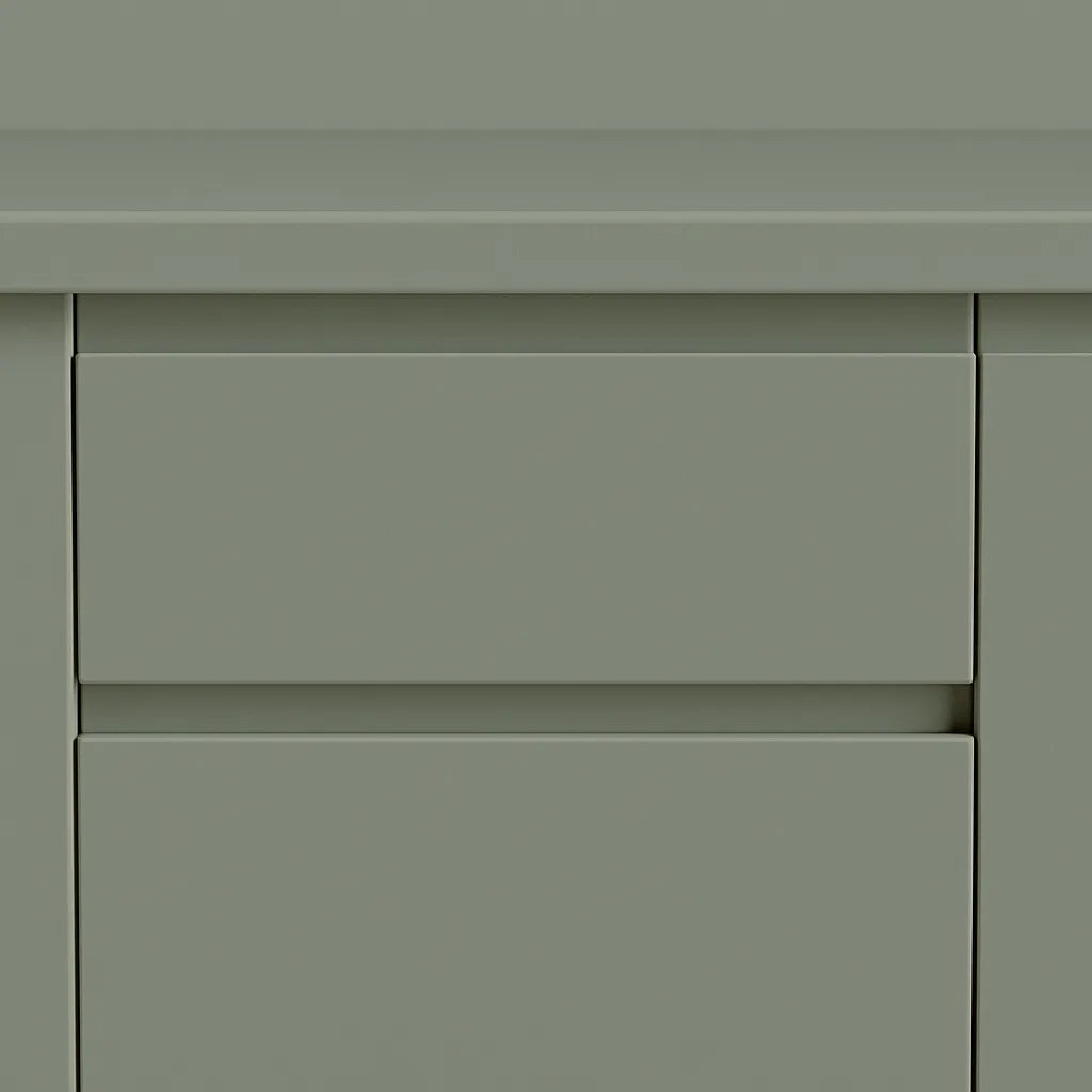 Close-up of milled handle front in sage green — milled handle on IKEA METOD drawers