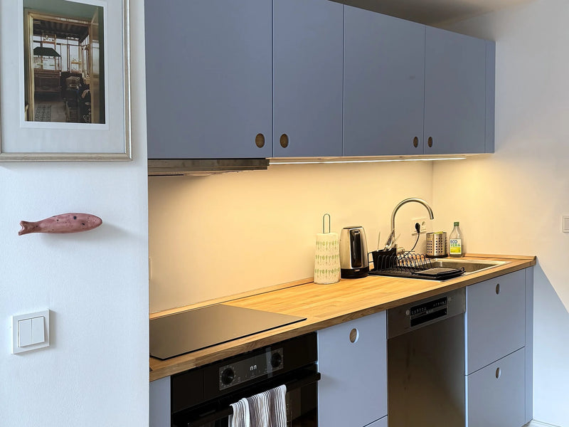 IKEA METOD kitchen with Round Oak fronts in NCS S 0530-R80B and an oak worktop - Ogony customer project
